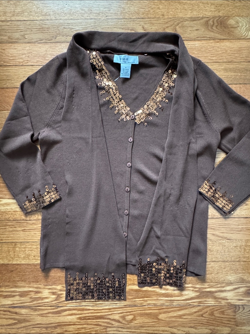 KIKIT by Maurice Samson Brown Sequin-Trim Cardigan Set With Removable Scarf
